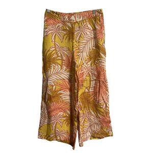 Tahari Luxe Linen Wide Leg Pants Tropical Palm Print Yellow/Coral Womens M